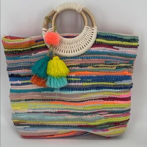 America & Beyond Chindi Rainbow Handwoven Stripe Large Beach Tote Cane Handles